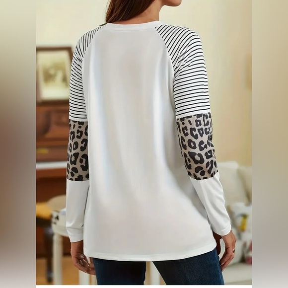Harhay Women Casual Long Sleeve Crew Neck Trendy Leopard Color Block Top Sz Med - Picture 3 of 8